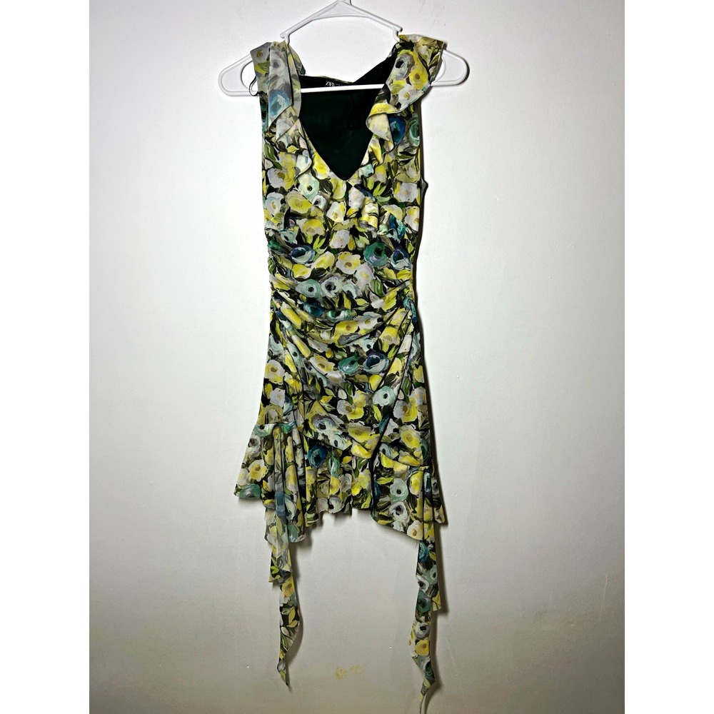 Zara Women's Ruched Bodycon Ruffled V-Neck Floral Mini Dress Size Medium EUC